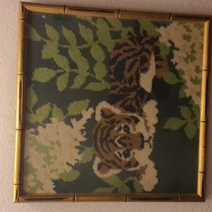 Super Vintage Tiger kitty framed needlepoint art